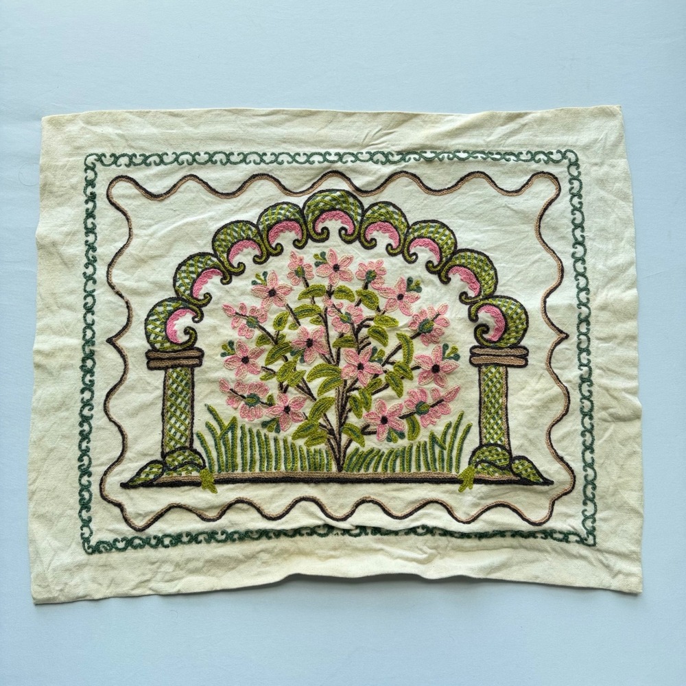 VTG Crewel Embroiderd Pillow Cover Cream Pink Green Wool Floral